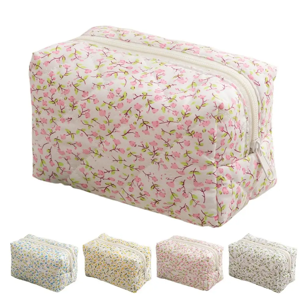 Floral Puffy Quilted Makeup Bag Large Capacity Travel Cosmetic Pouch Flower Print Storage Organizer for Women Daily Travel Use