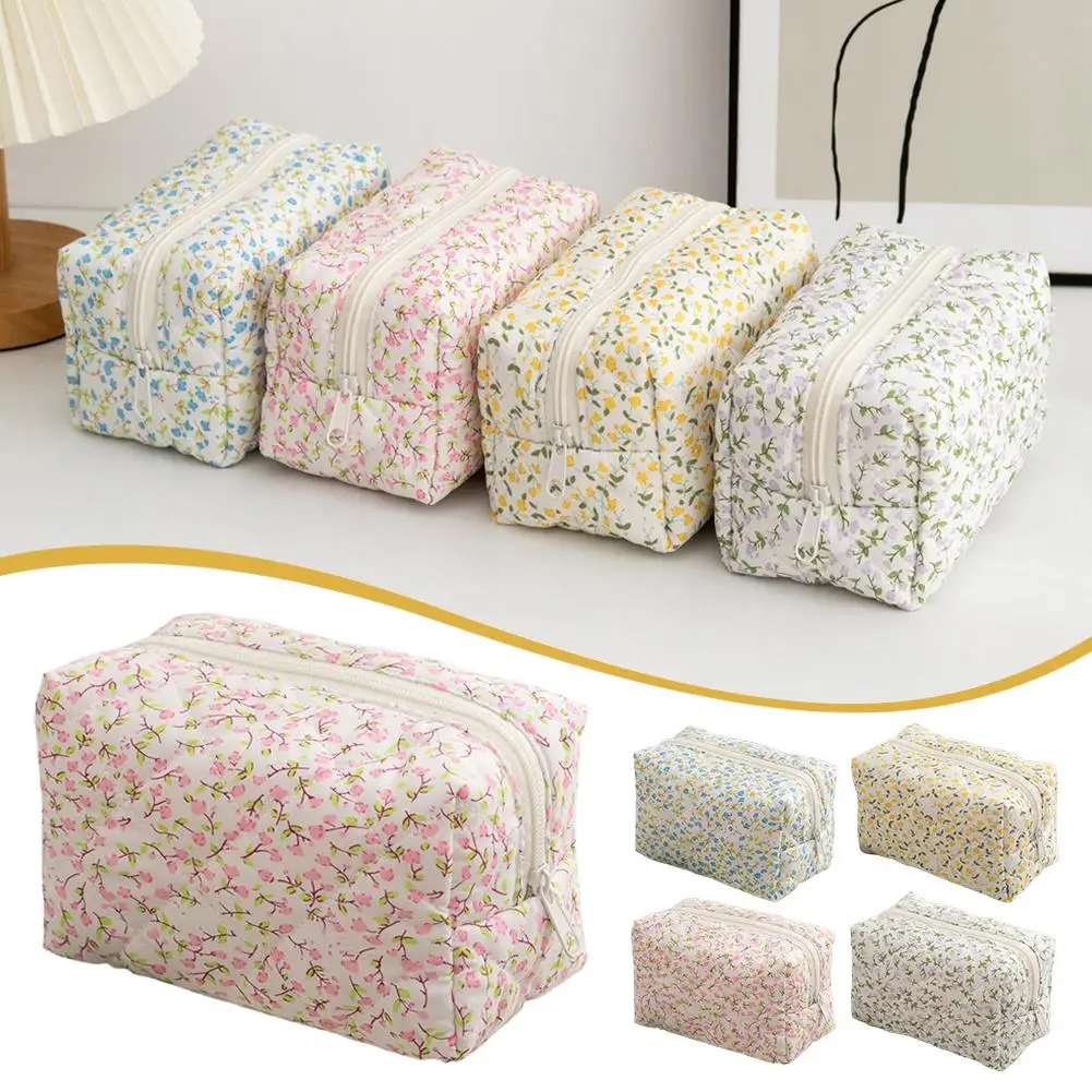 Floral Puffy Quilted Makeup Bag Large Capacity Travel Cosmetic Pouch Flower Print Storage Organizer for Women Daily Travel Use