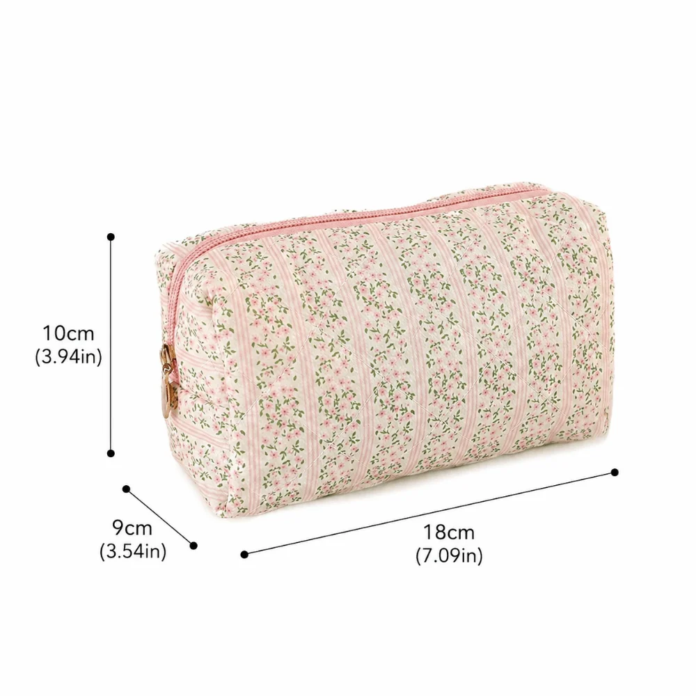 Durable Soft Cotton Makeup Bag Quilted Floral Print Large Capacity Cosmetic Pouch Makeup Organizer Women Girls