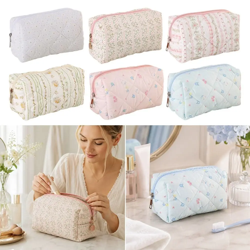 Durable Soft Cotton Makeup Bag Quilted Floral Print Large Capacity Cosmetic Pouch Makeup Organizer Women Girls