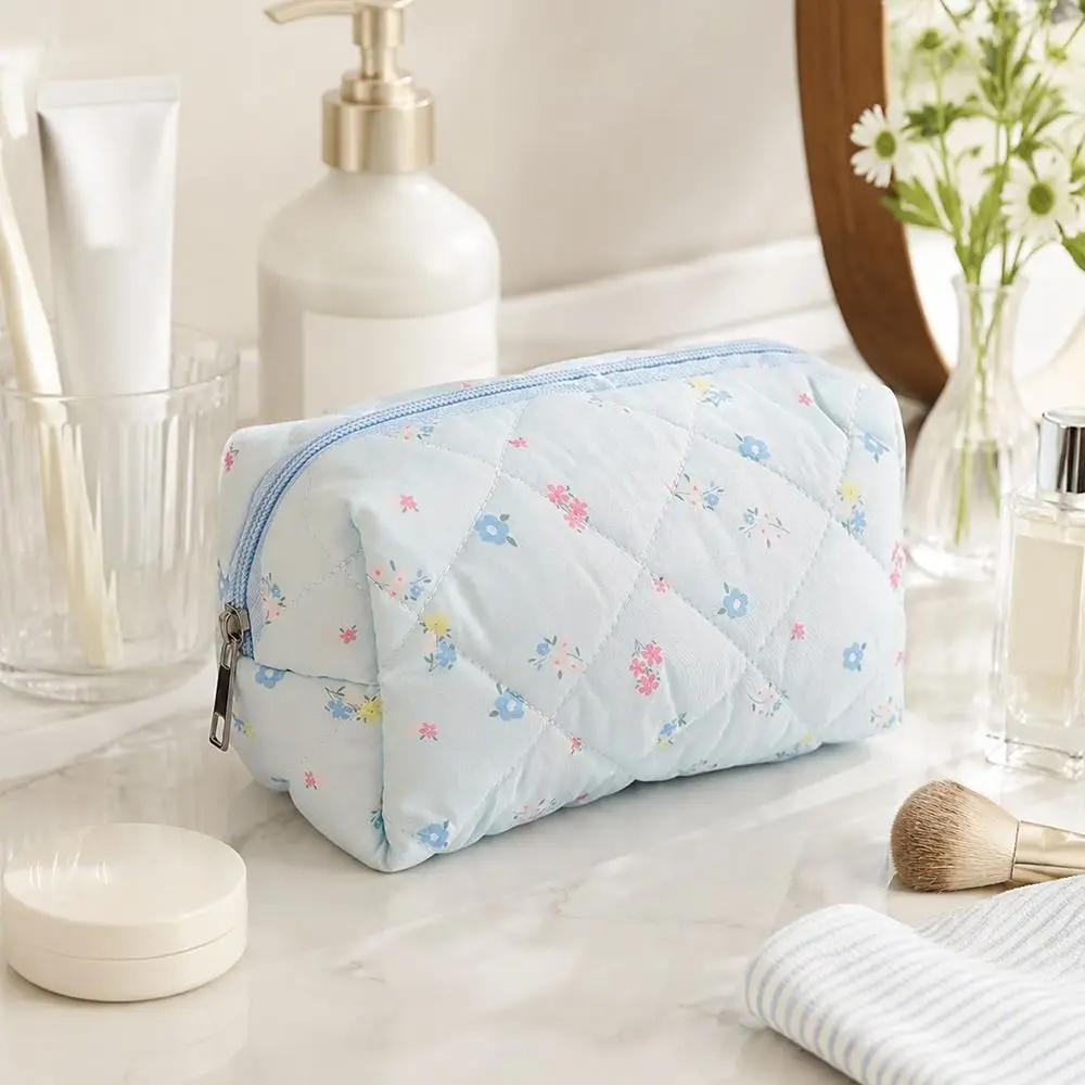 Durable Soft Cotton Makeup Bag Quilted Floral Print Large Capacity Cosmetic Pouch Makeup Organizer Women Girls