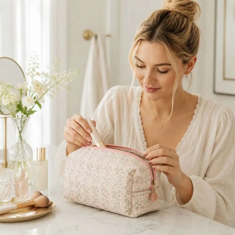 Durable Soft Cotton Makeup Bag Quilted Floral Print Large Capacity Cosmetic Pouch Makeup Organizer Women Girls