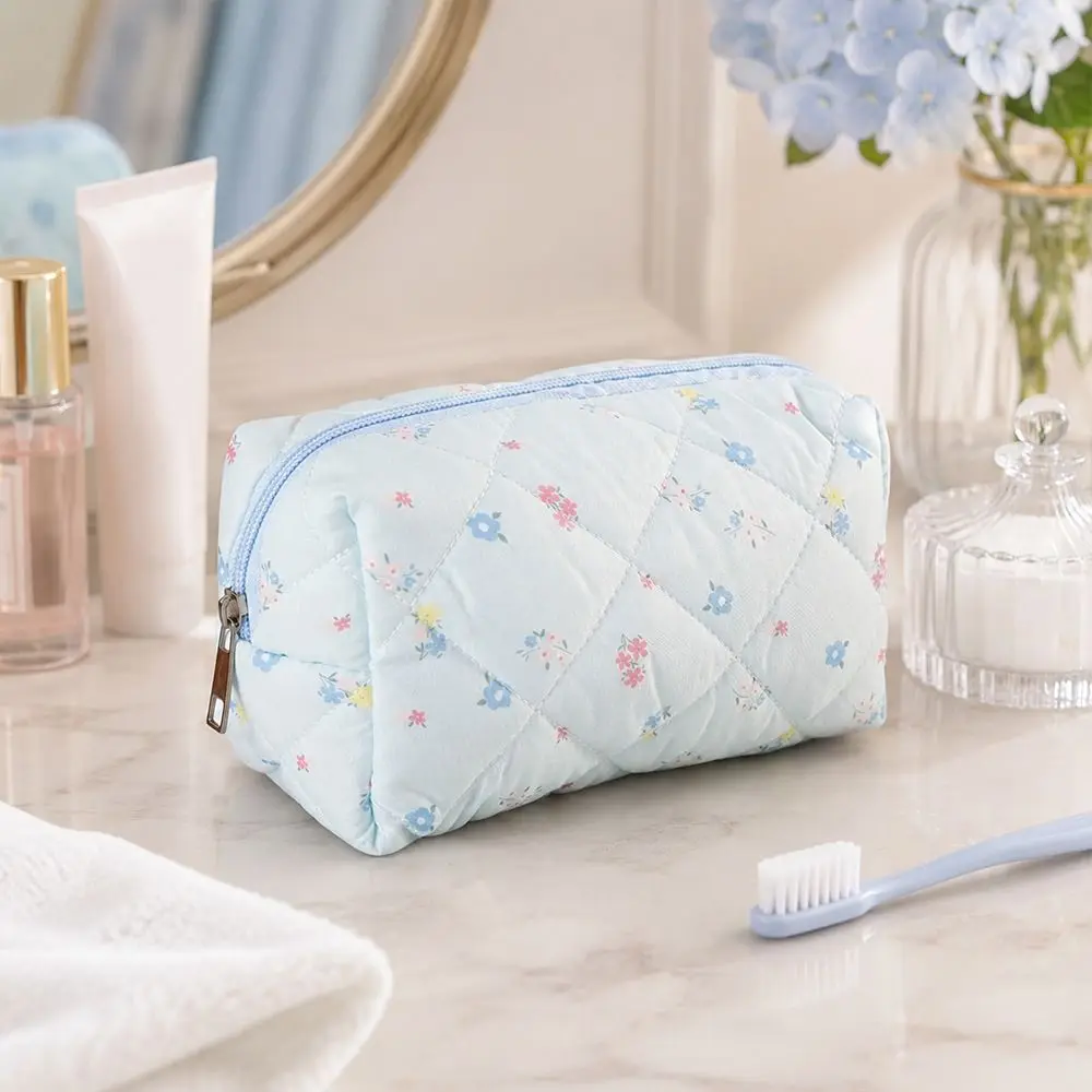 Durable Soft Cotton Makeup Bag Quilted Floral Print Large Capacity Cosmetic Pouch Makeup Organizer Women Girls