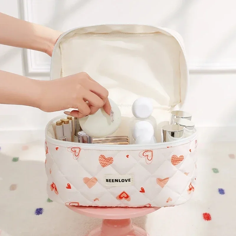 Storage Organizer Cherry Printing Makeup Bag Quilted Cosmetic Pouch Large Travel Cosmetic Bag Cute Cotton Makeup Pouch