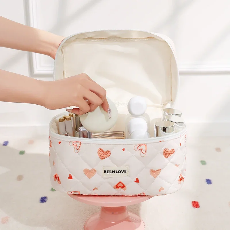 Storage Organizer Cherry Printing Makeup Bag Quilted Cosmetic Pouch Large Travel Cosmetic Bag Cute Cotton Makeup Pouch