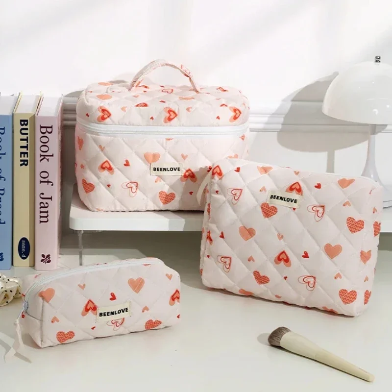 Storage Organizer Cherry Printing Makeup Bag Quilted Cosmetic Pouch Large Travel Cosmetic Bag Cute Cotton Makeup Pouch