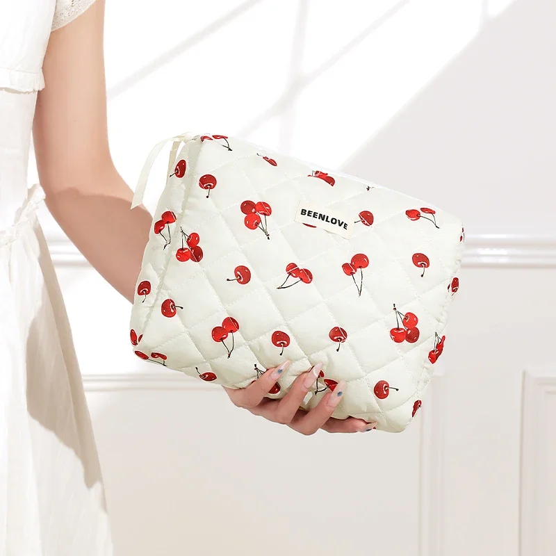 Storage Organizer Cherry Printing Makeup Bag Quilted Cosmetic Pouch Large Travel Cosmetic Bag Cute Cotton Makeup Pouch