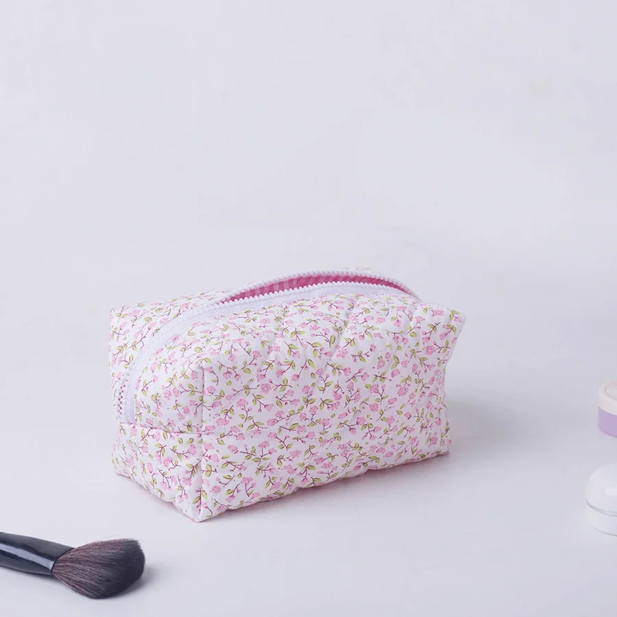 1PC Flower Printed Puffy Quilted Zipper Makeup Bag Storage Organizer Toiletry Handbag Cosmetic Pouch Large Travel Cosmetic Bag
