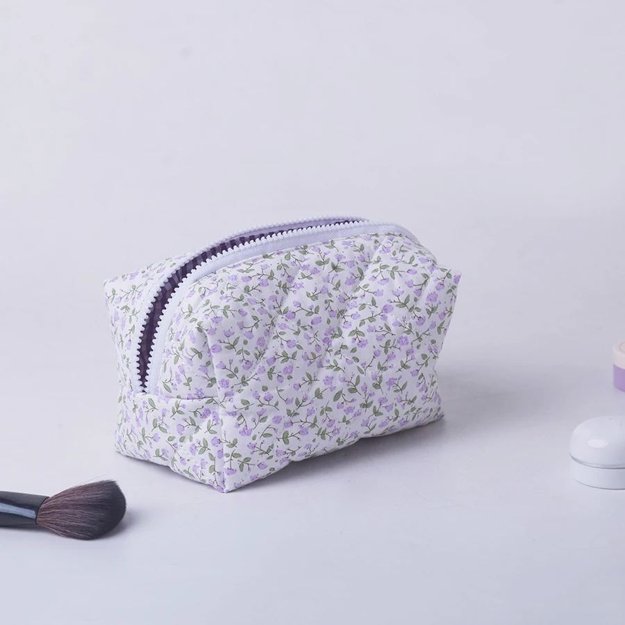 1PC Flower Printed Puffy Quilted Zipper Makeup Bag Storage Organizer Toiletry Handbag Cosmetic Pouch Large Travel Cosmetic Bag
