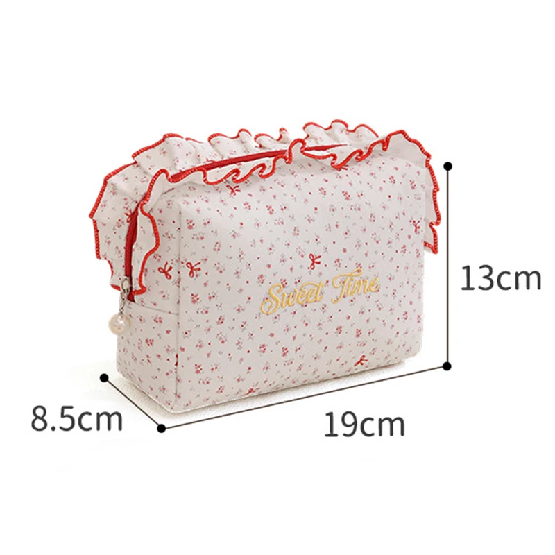 Floral Ruffle Cosmetic Bag Cute Quilted Makeup Bag Portable Large Capacity Travel Toiletry Bag Women Skincare Storage Pouch