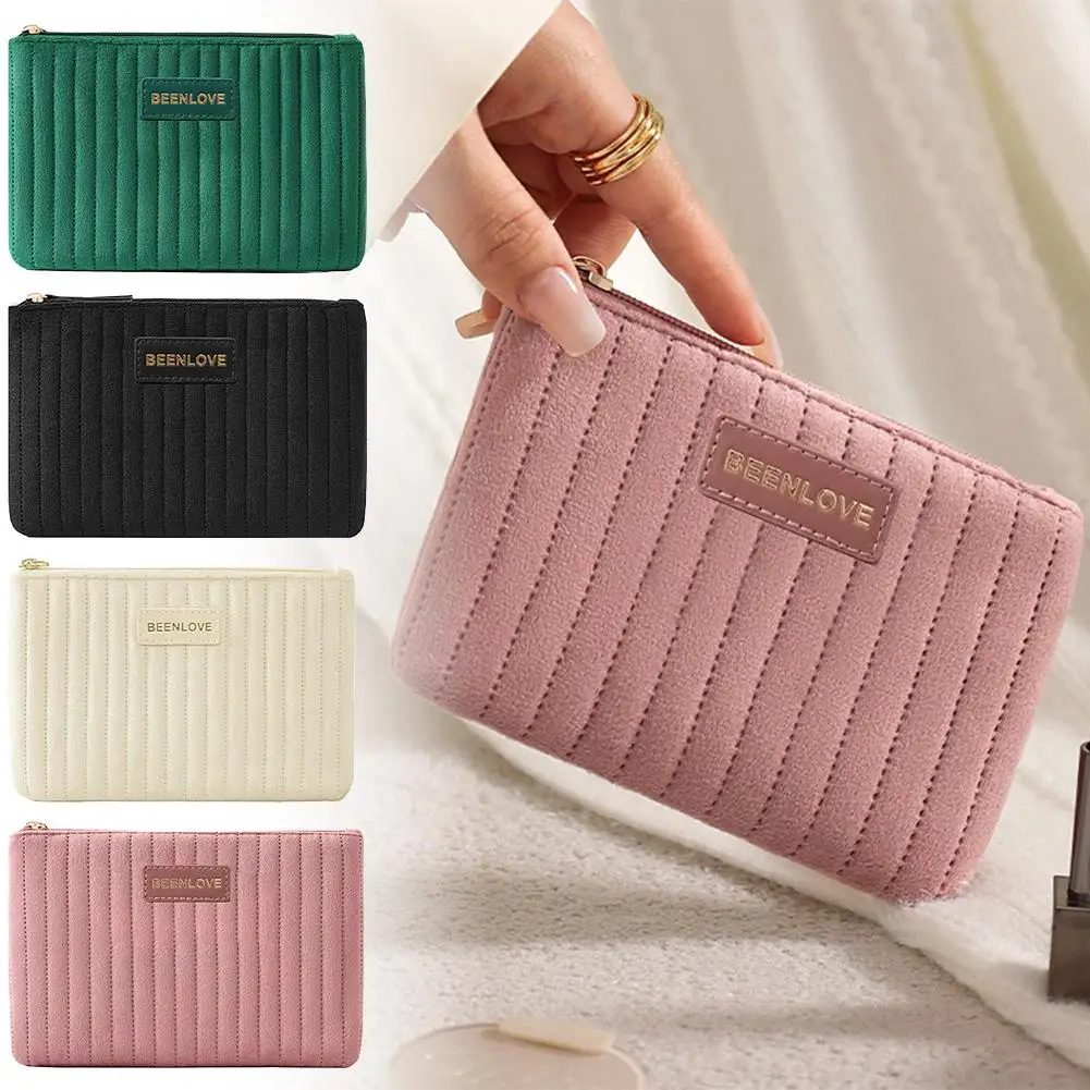 Vertical Quilted Velvet Cosmetic Bag Portable Makeup Pouch Autumn Winter Handheld Small Wallet Coin Purse Travel Organizer