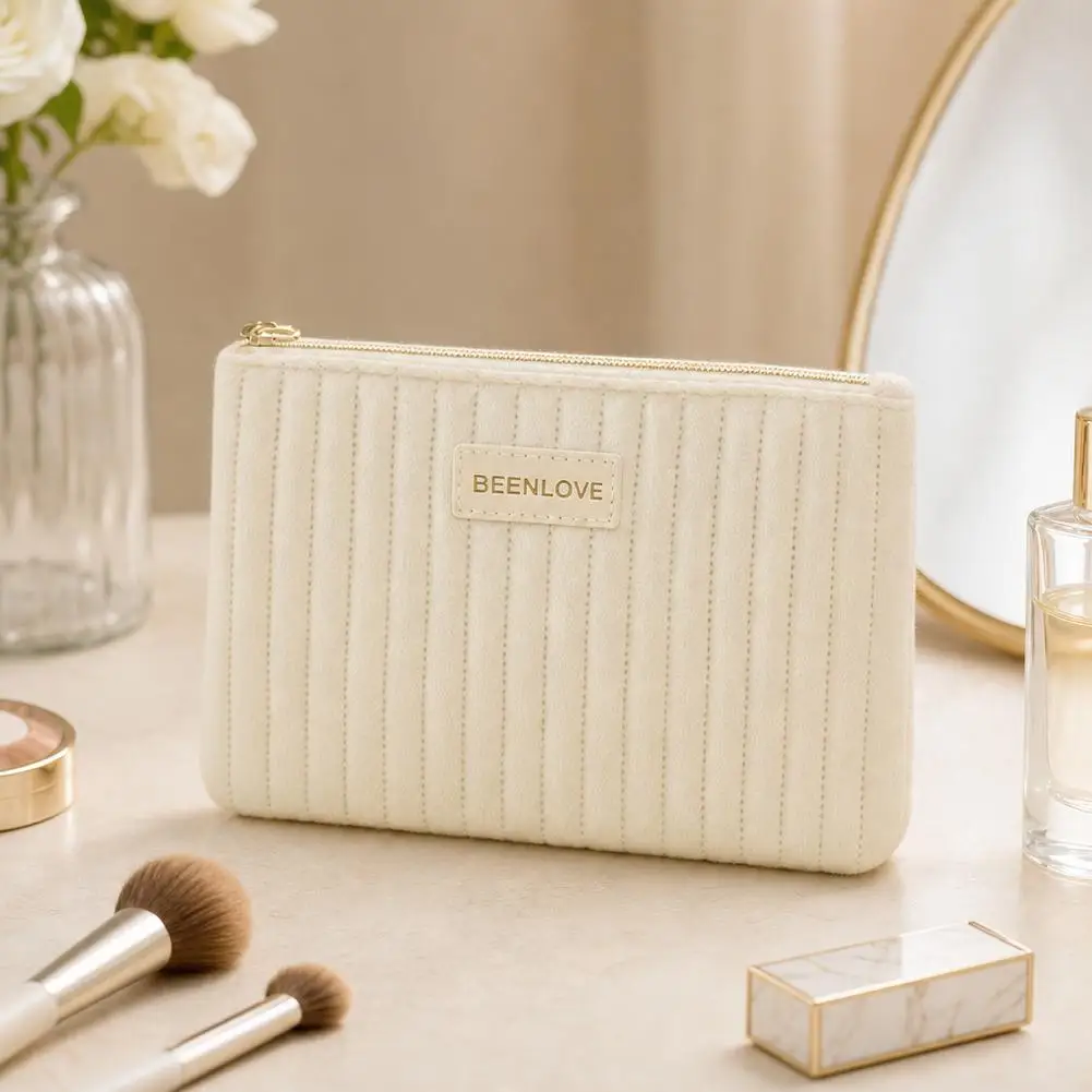 Vertical Quilted Velvet Cosmetic Bag Portable Makeup Pouch Autumn Winter Handheld Small Wallet Coin Purse Travel Organizer