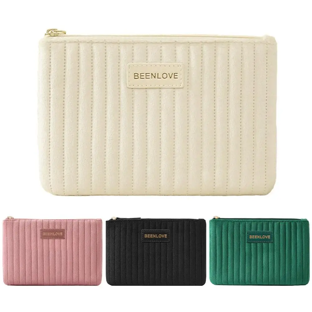 Vertical Quilted Velvet Cosmetic Bag Portable Makeup Pouch Autumn Winter Handheld Small Wallet Coin Purse Travel Organizer