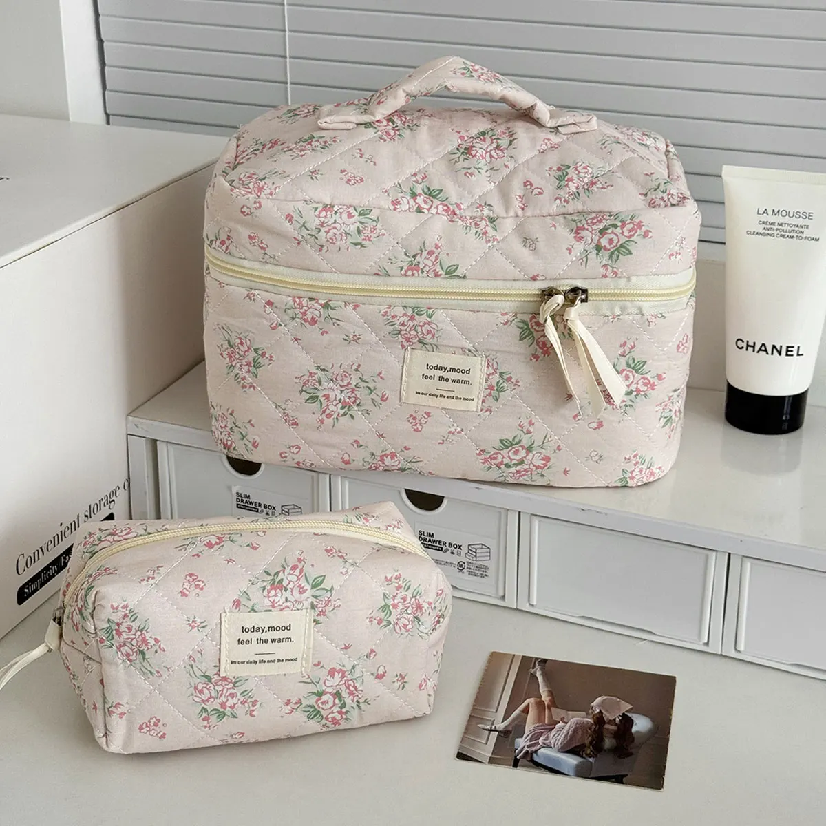 Makeup Organizer Bag Portable Large-Capacity Quilted Colorblocked Diamond Grid Storage Bag Outward Travel Toiletries Bag